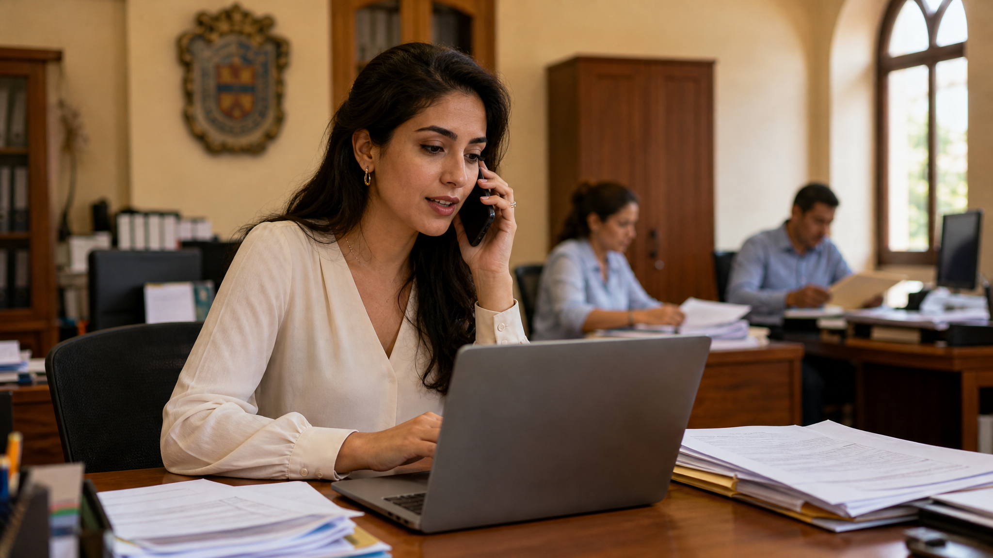 Oficial de finanzas universitaria haciendo llamada de seguimiento amable de cartera