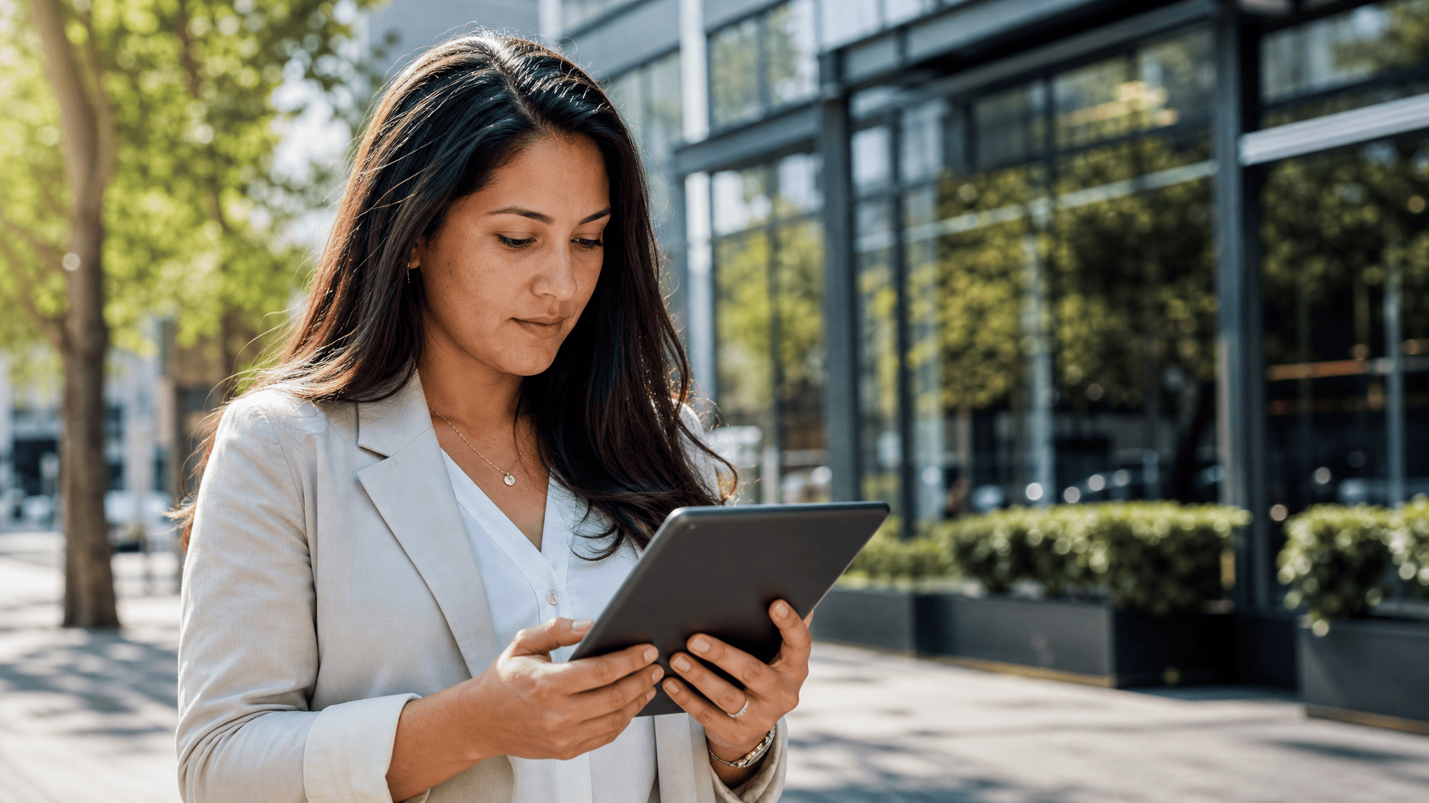 Consultora latina en una calle del centro revisando una confirmacion de reunion en la tablet