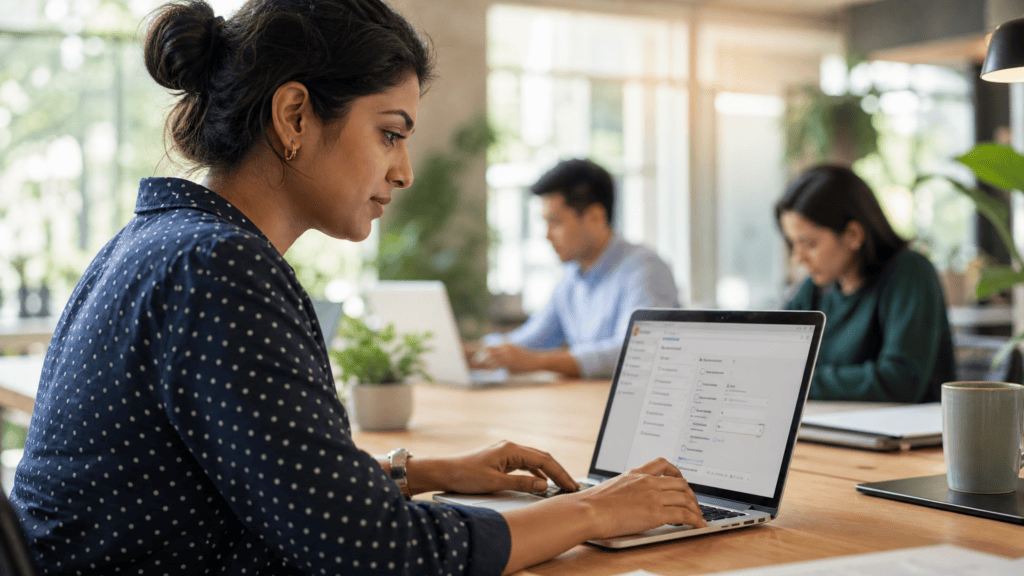 Product manager configuring a smart form on a laptop in a coworking space