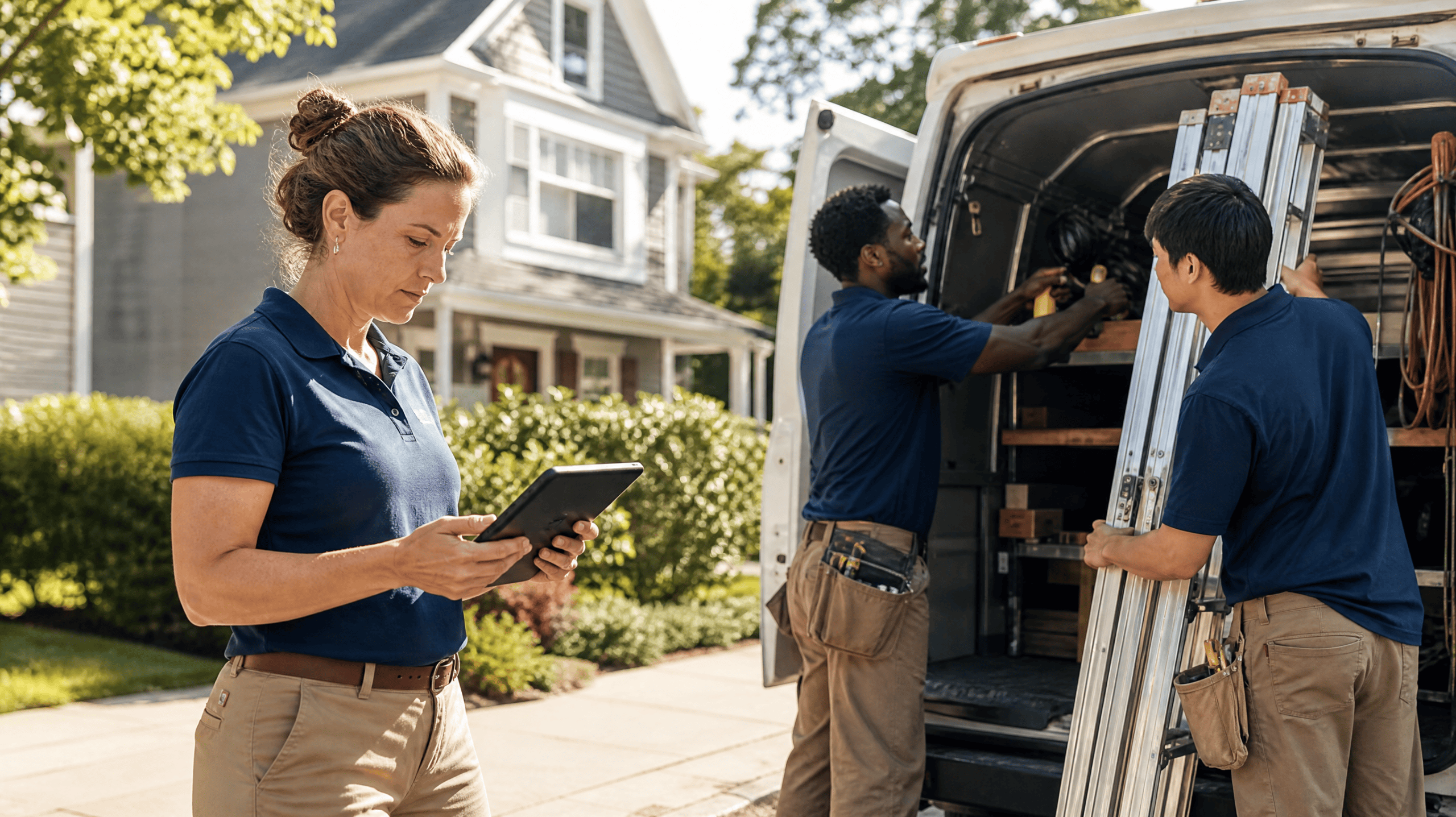 Home services crew next to their work van reviewing a customer request on a tablet