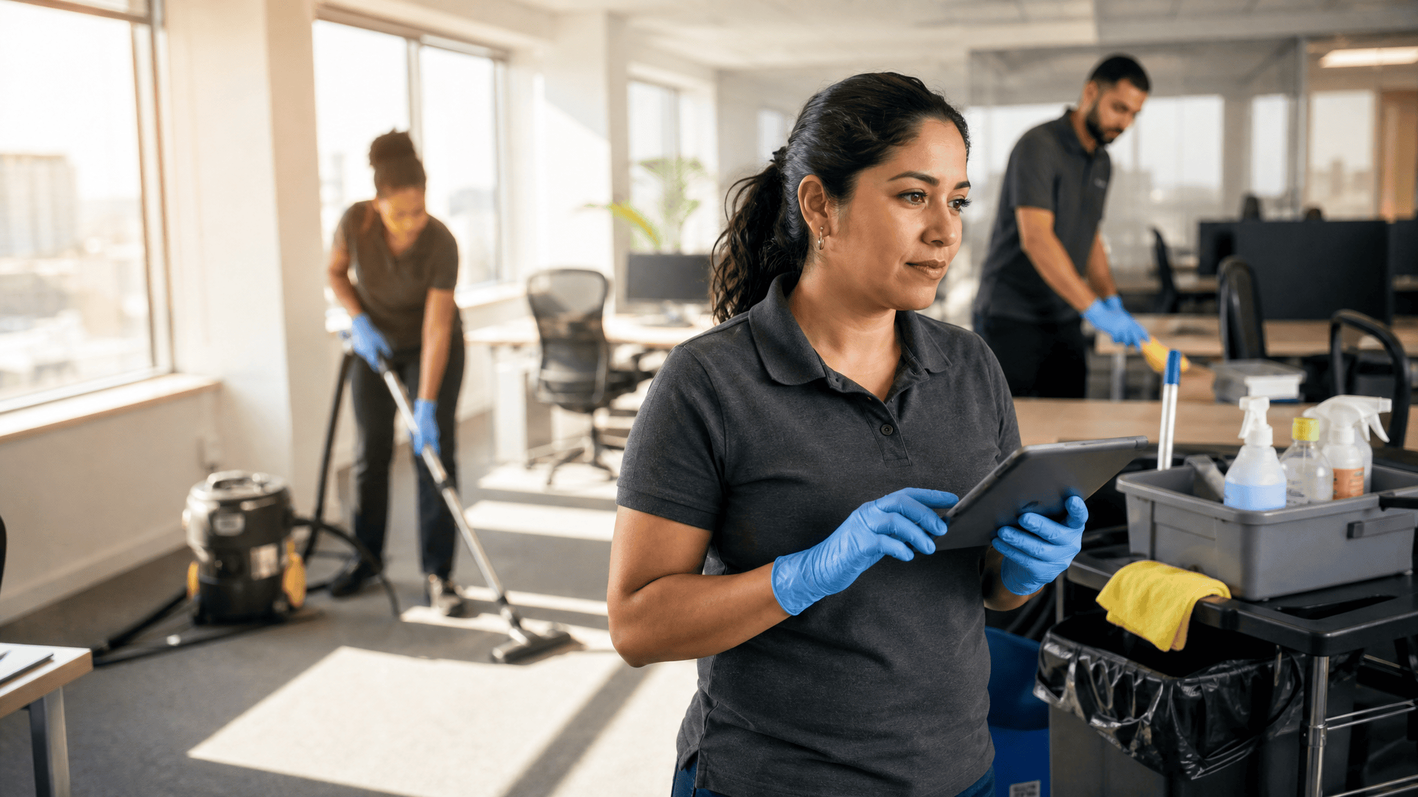 Diverse cleaning crew in a bright commercial office