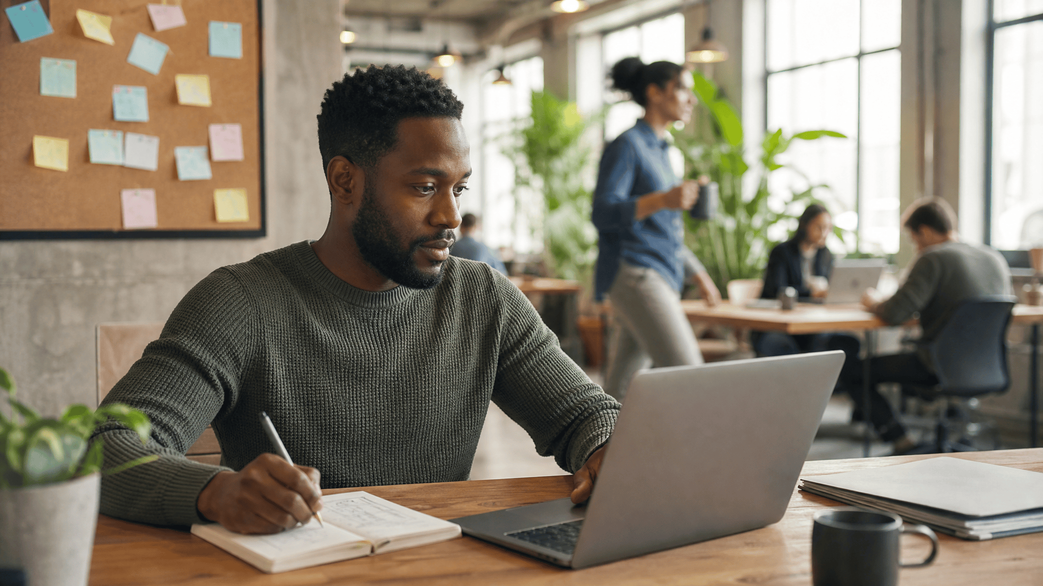 Product designer sketching a conditional logic form flow in a coworking space