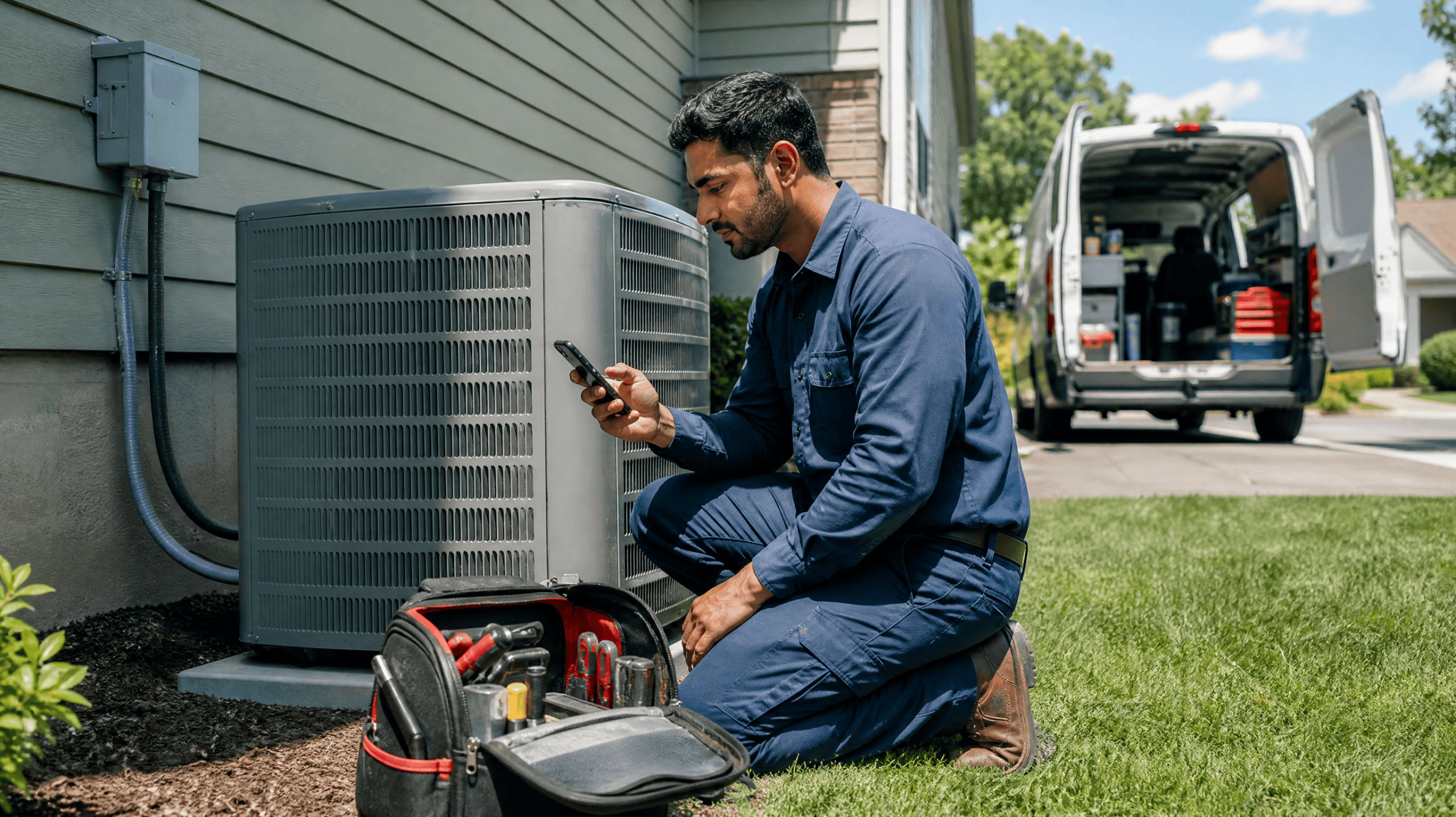 HVAC technician checking a new job on his phone next to an outdoor AC unit