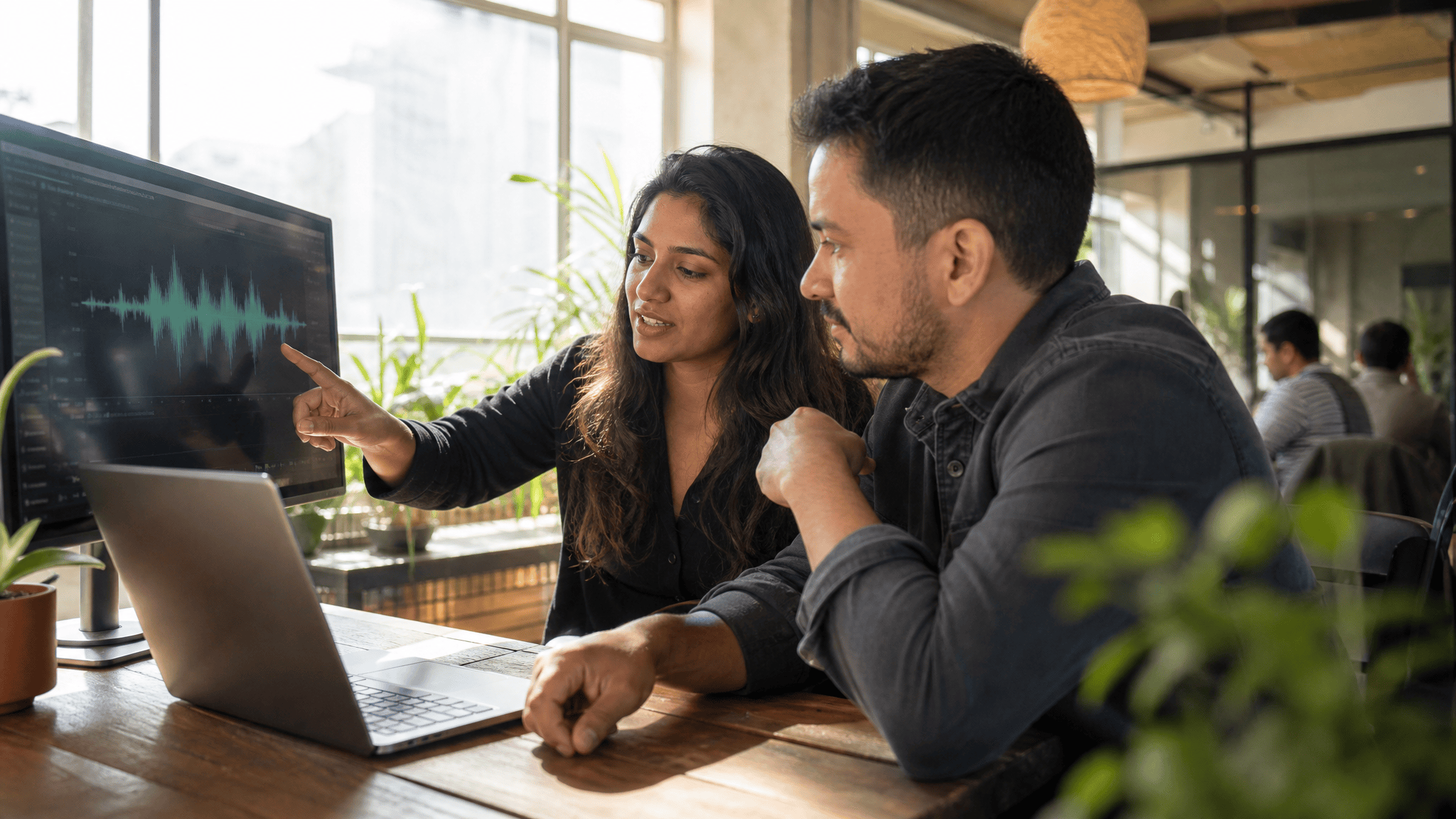 Dos colegas revisando una interfaz de IA de voz en una laptop