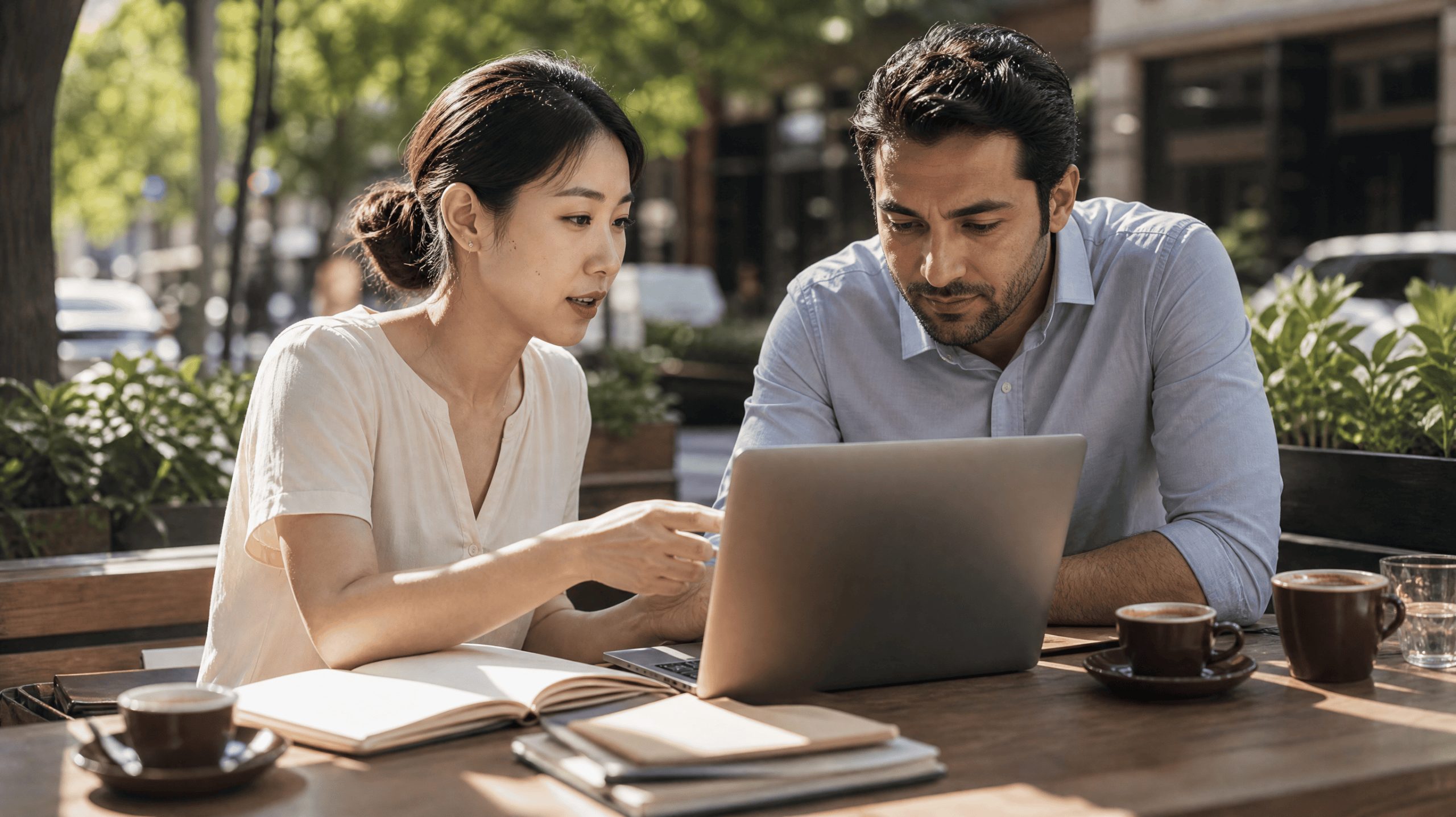 Dos colegas trabajando en una laptop en la terraza de un café