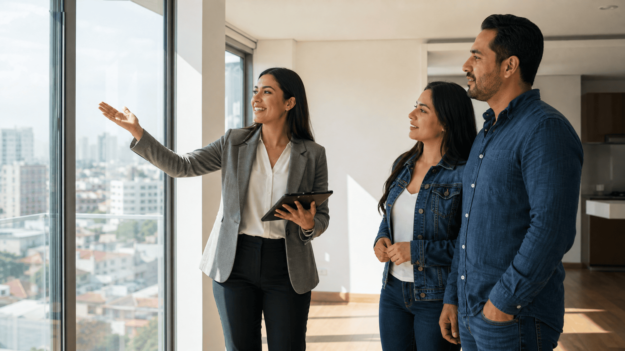 Agente inmobiliaria mostrando un departamento moderno a una pareja