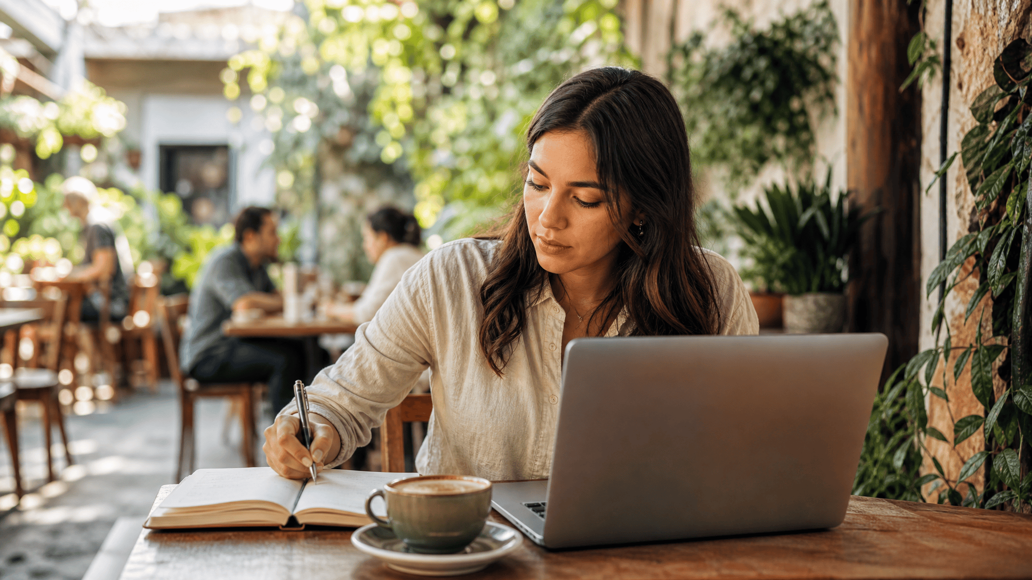 Emprendedora PYME trabajando con formularios en una terraza de café