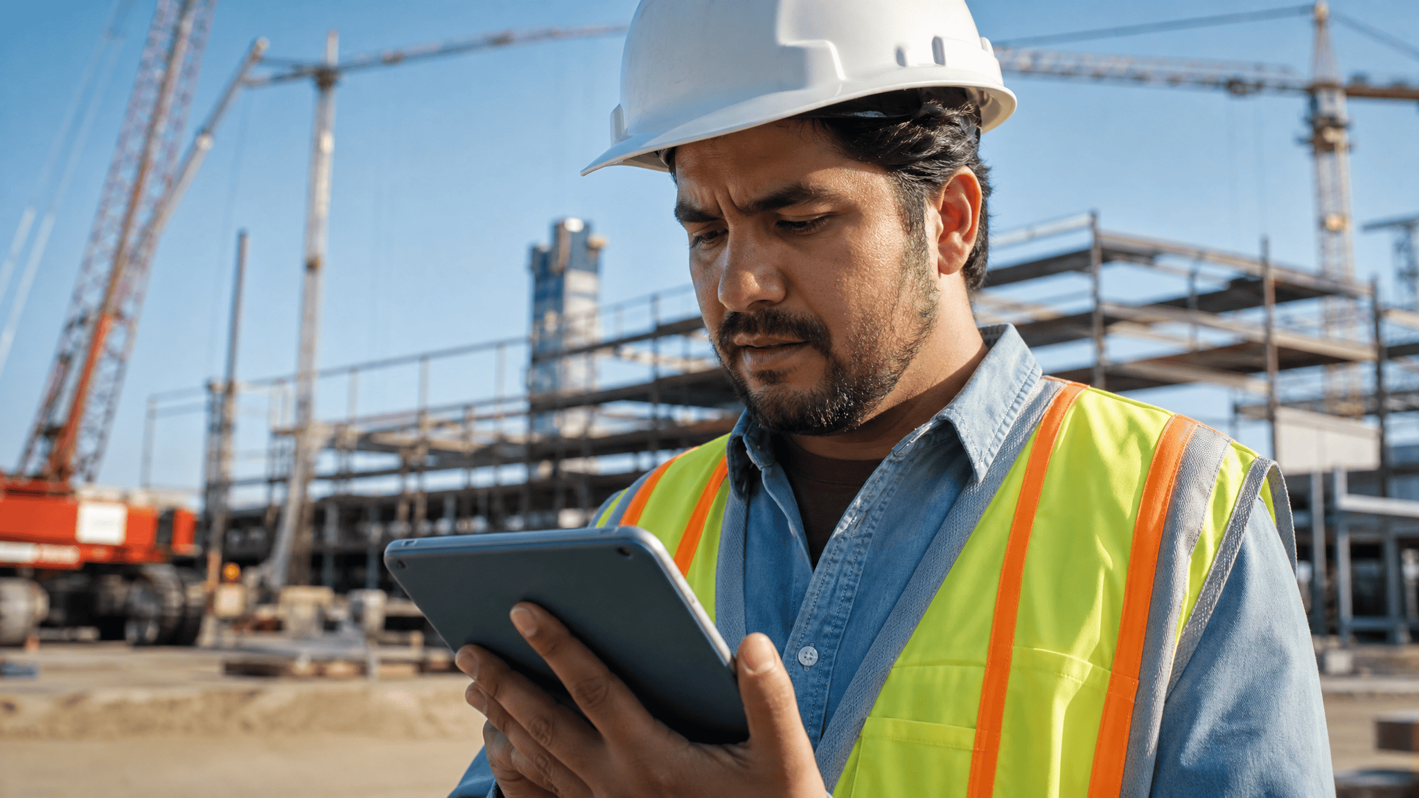 Gerente de construccion con casco usando una tableta en obra