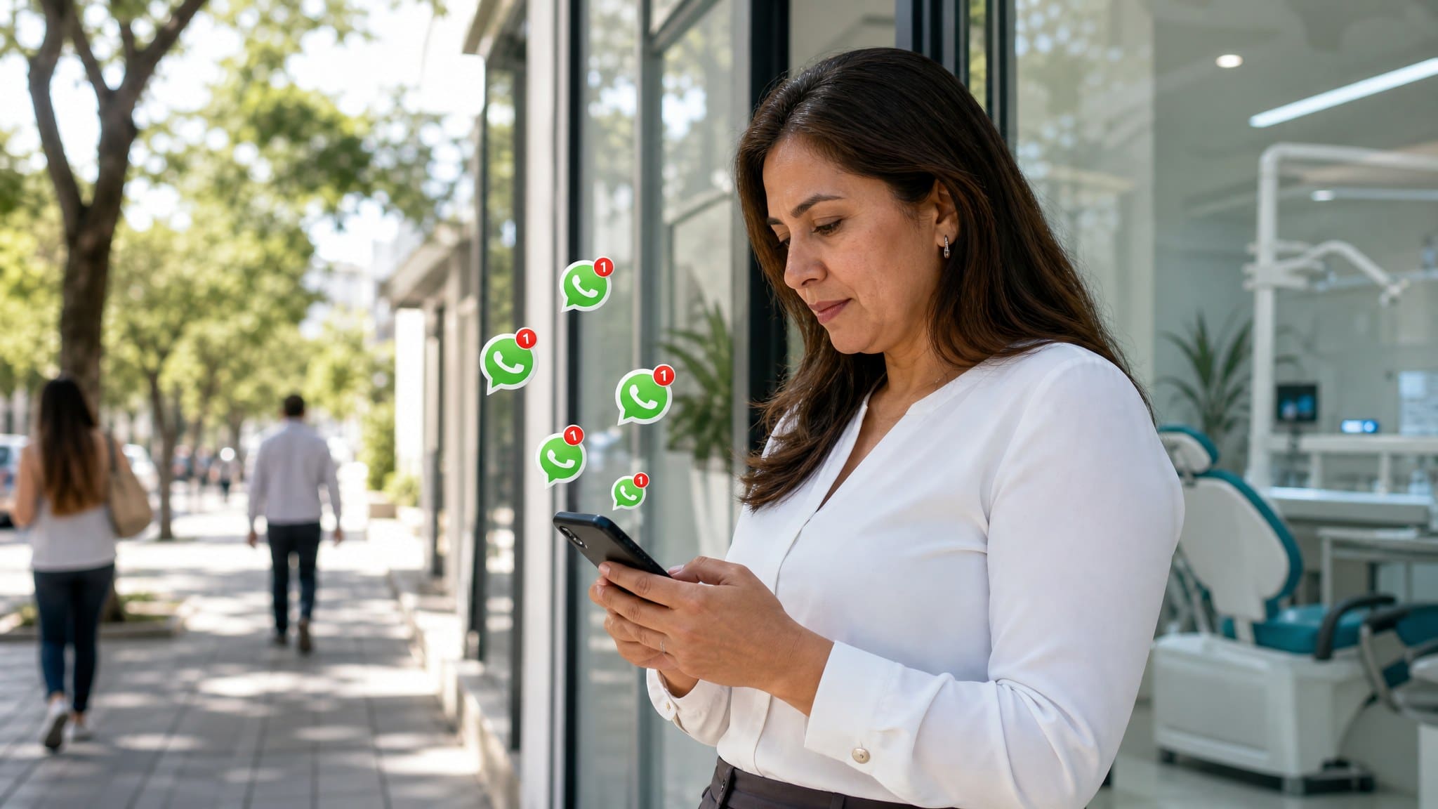 Mujer frente a un consultorio odontológico revisando mensajes para agendar una cita por WhatsApp en su celular