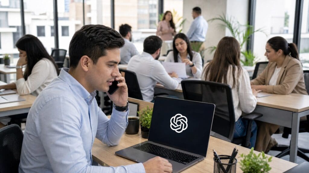 Asesor de crédito hablando por teléfono con un cliente frente a un portátil con ChatGPT en una oficina de servicios financieros