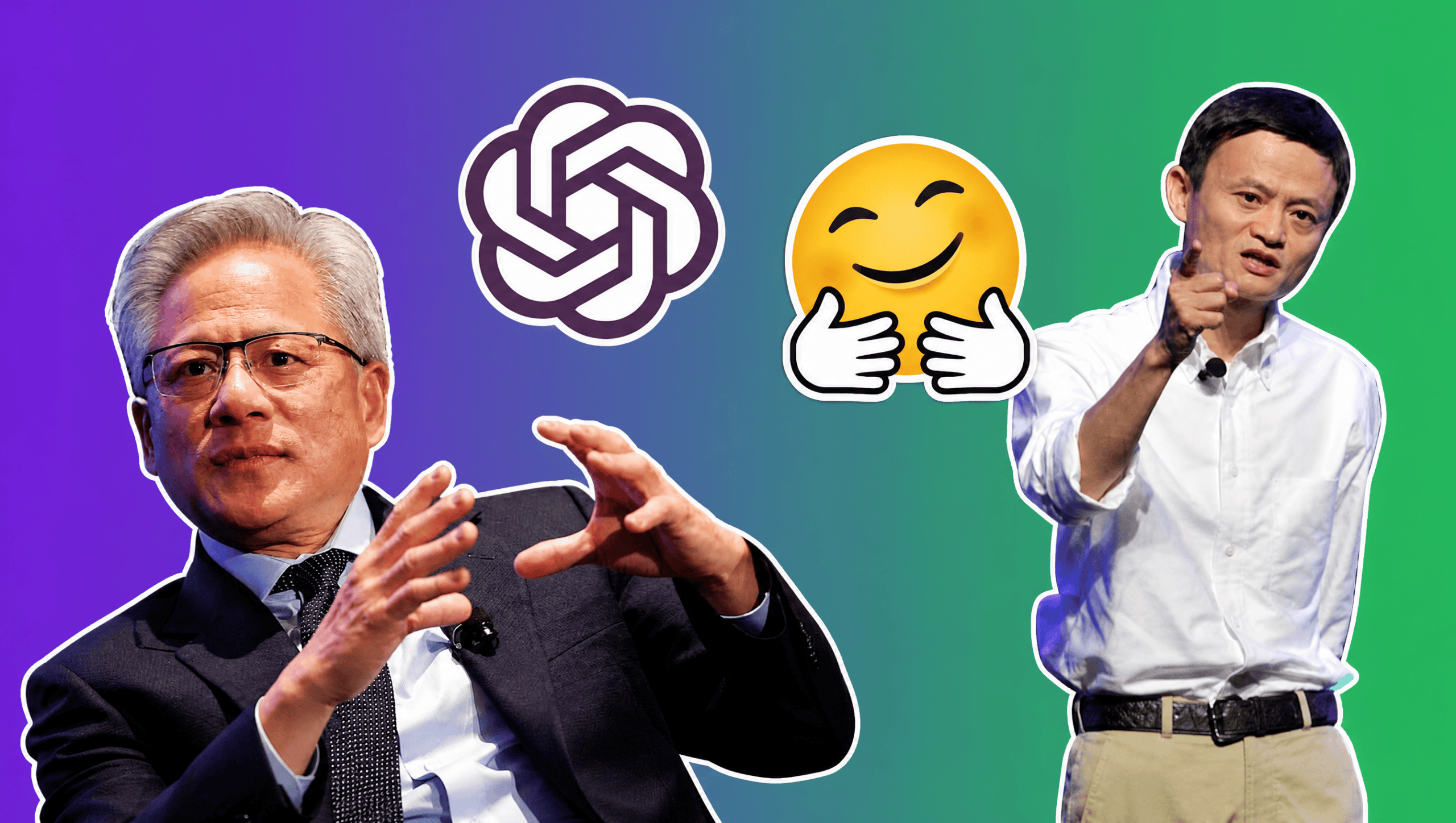 Jensen Huang, Jack Ma, OpenAI and Hugging Face logos over a purple to green gradient, AI Insider Week 36 cover