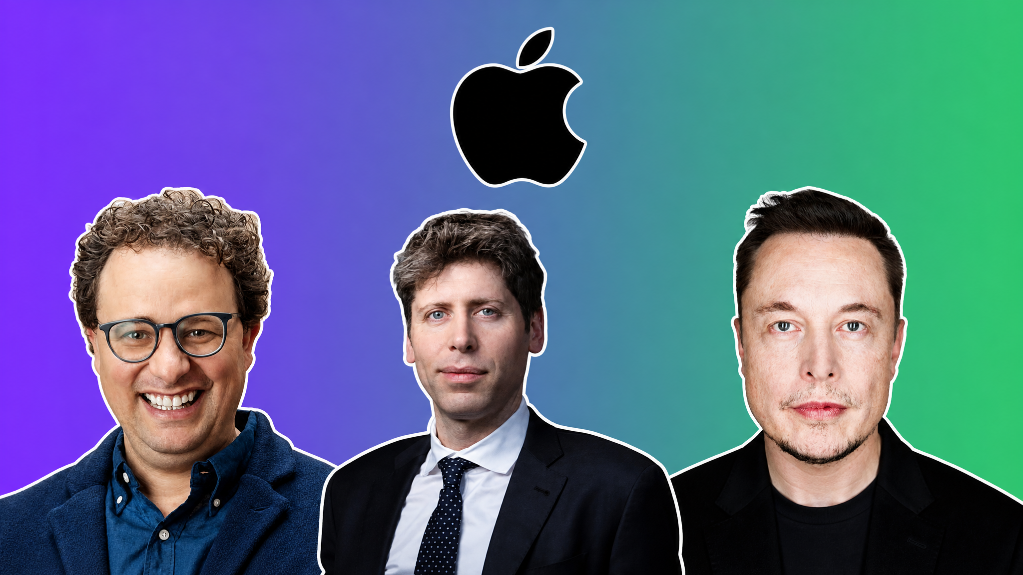 Dario Amodei, Sam Altman, and Elon Musk with the Apple logo over a purple to green gradient, AI Insider Week 37 cover