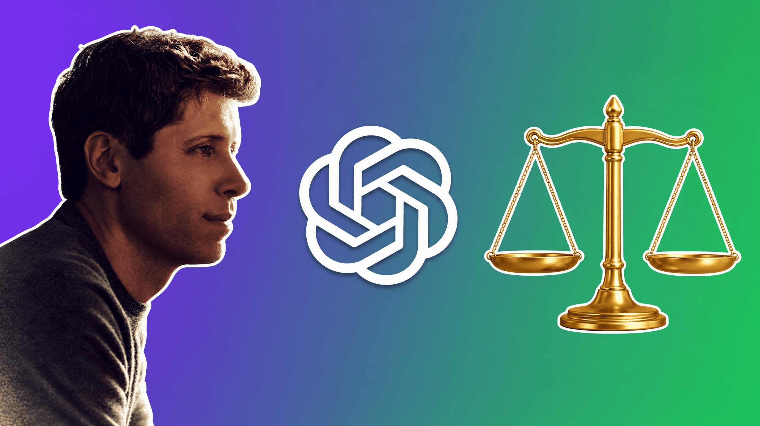Sam Altman with the OpenAI logo and a golden scales of justice over a purple to green gradient