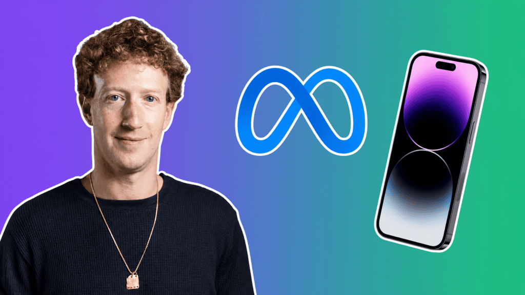 Mark Zuckerberg with the Meta logo and a smartphone over a purple to green gradient