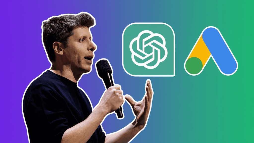 Sam Altman with the ChatGPT and Google Ads logos over a purple to green gradient