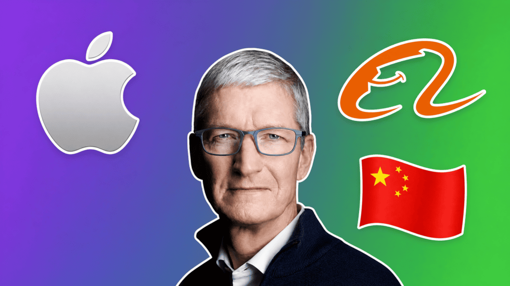 Tim Cook with the Apple and Alibaba logos and a Chinese flag over a purple to green gradient
