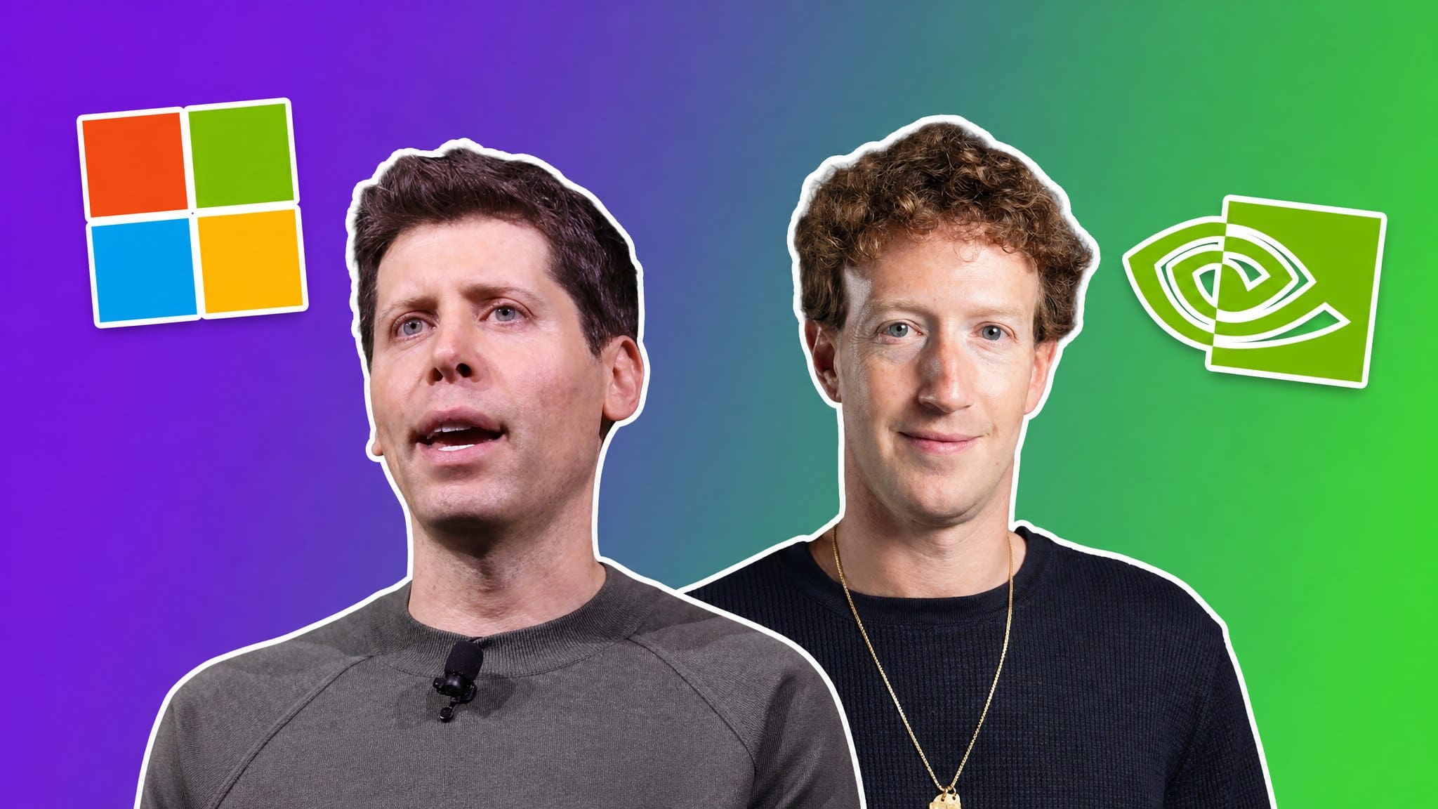 Sam Altman and Mark Zuckerberg with the Microsoft and Nvidia logos over a purple to green gradient, AI Insider Week 39 cover