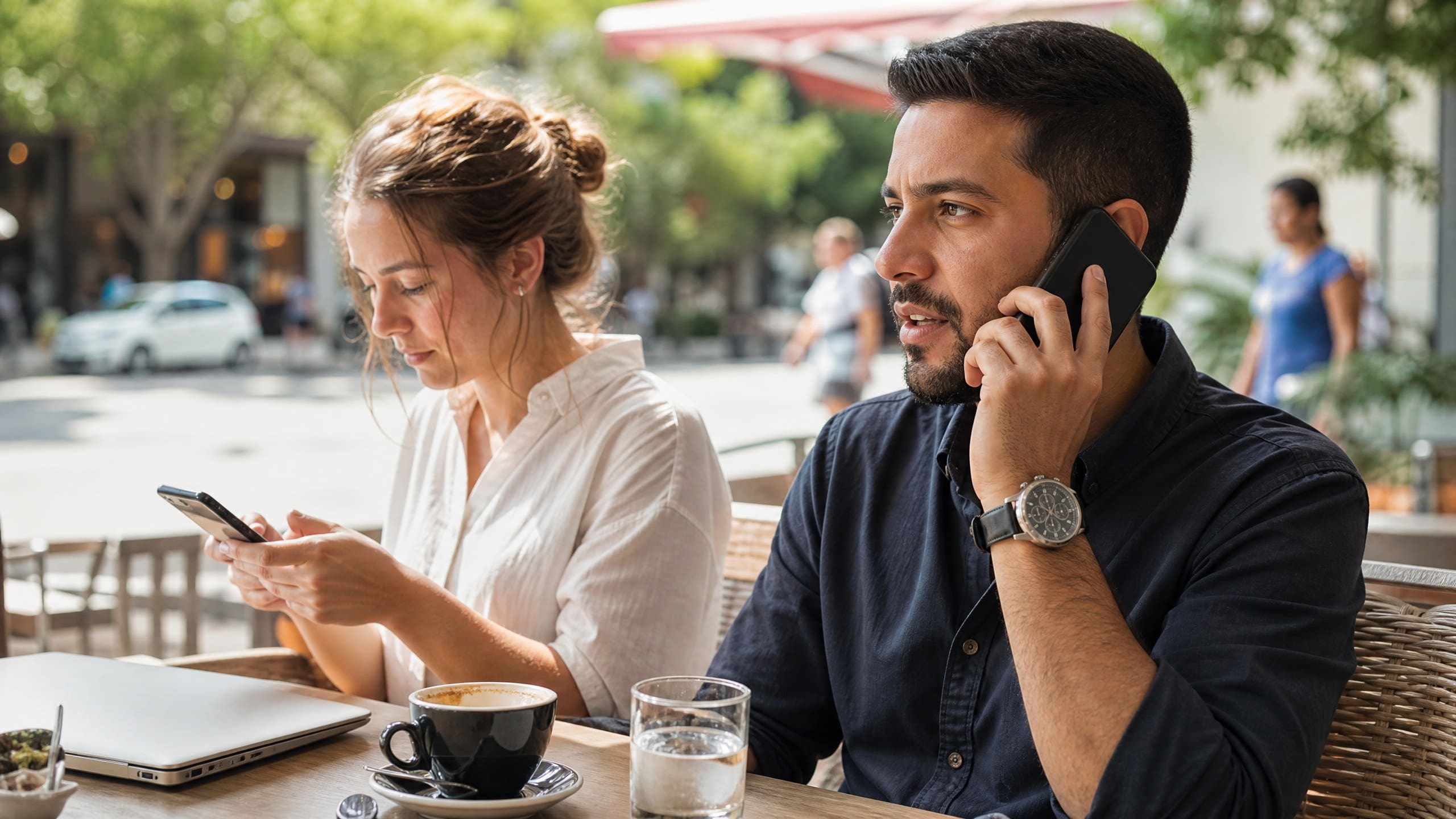 Dos colegas en una terraza: uno atiende una llamada y la otra responde un chat en su celular