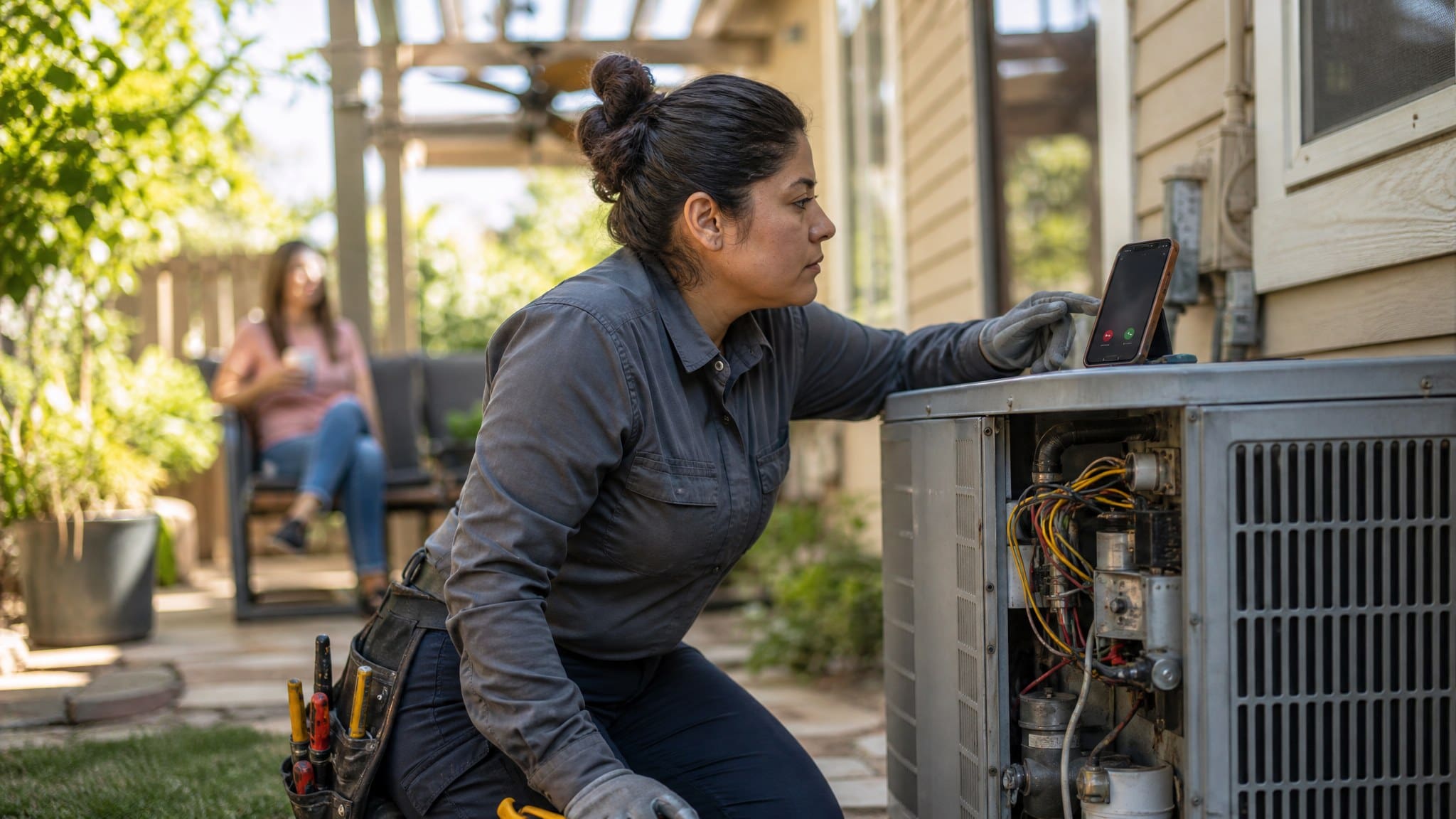 HVAC technician servicing an AC unit while an AI receptionist answers a customer call