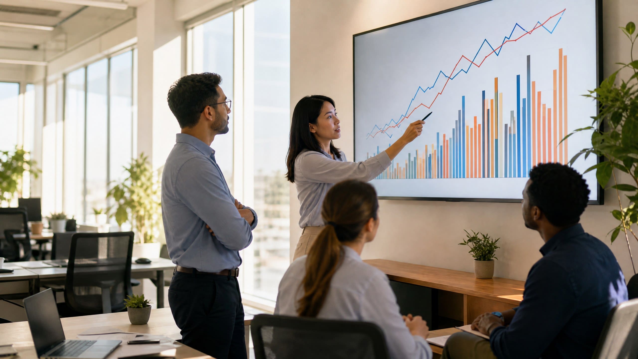 Sales team reviewing a rising results chart in a bright office