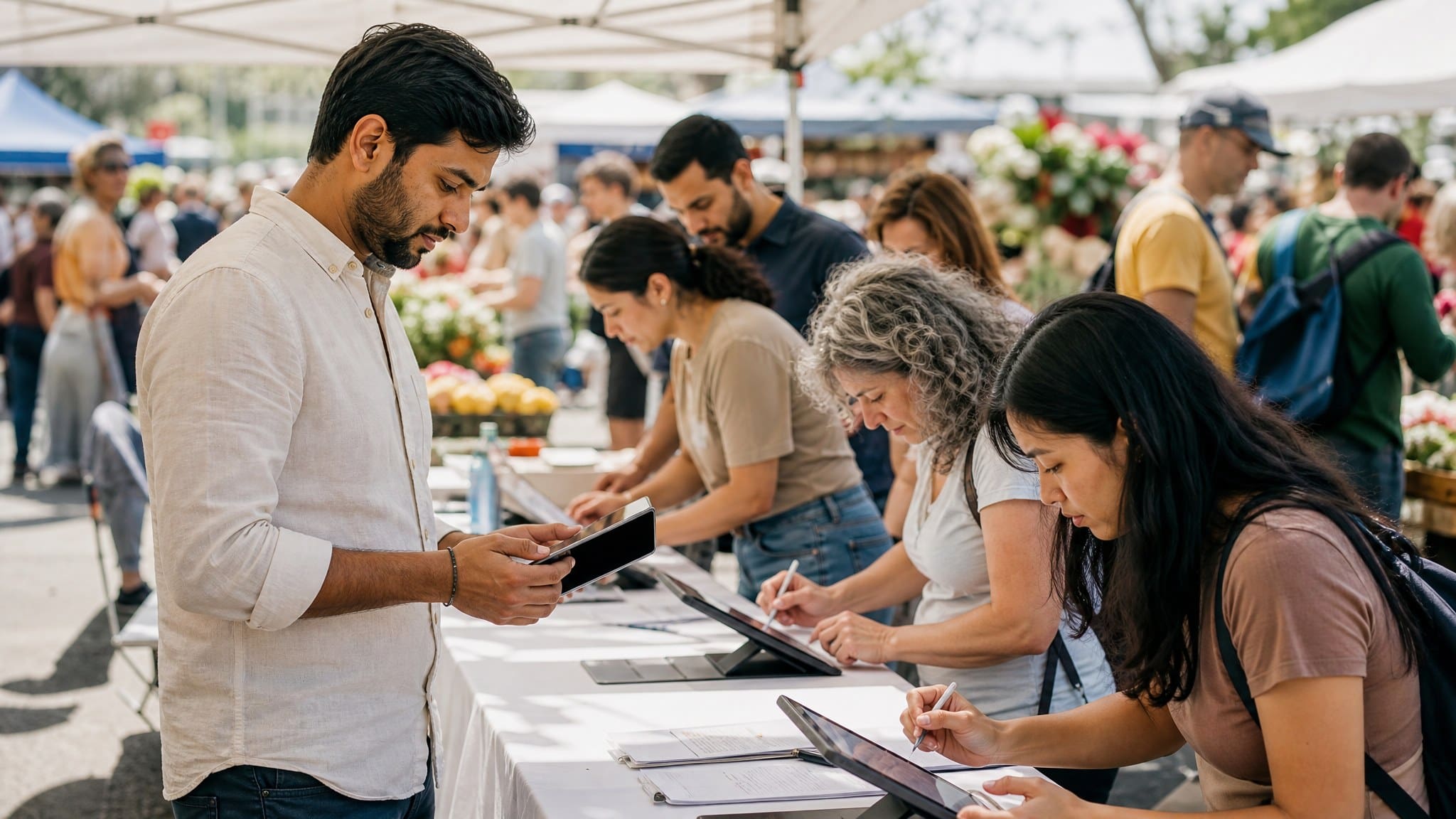 Event organizer collecting unlimited form sign-ups on tablets at a community market