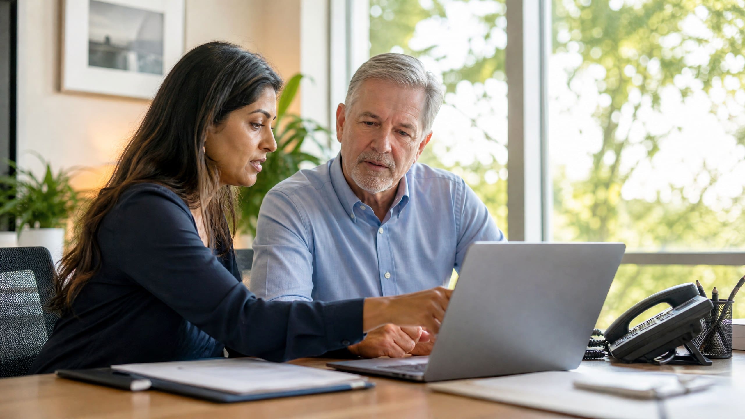 Two insurance agents reviewing a laptop together at a bright agency desk