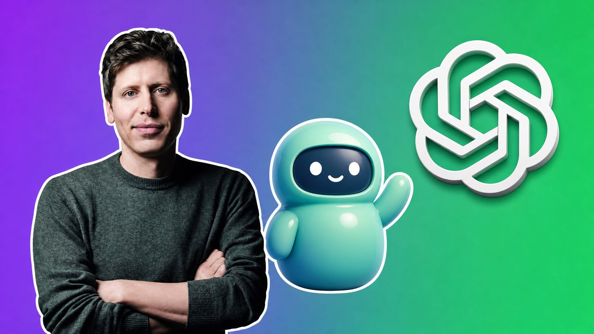 Sam Altman beside a 3D AI mascot and the OpenAI logo over a purple-to-green gradient, AI Insider Week 40 OpenAI Dots cover
