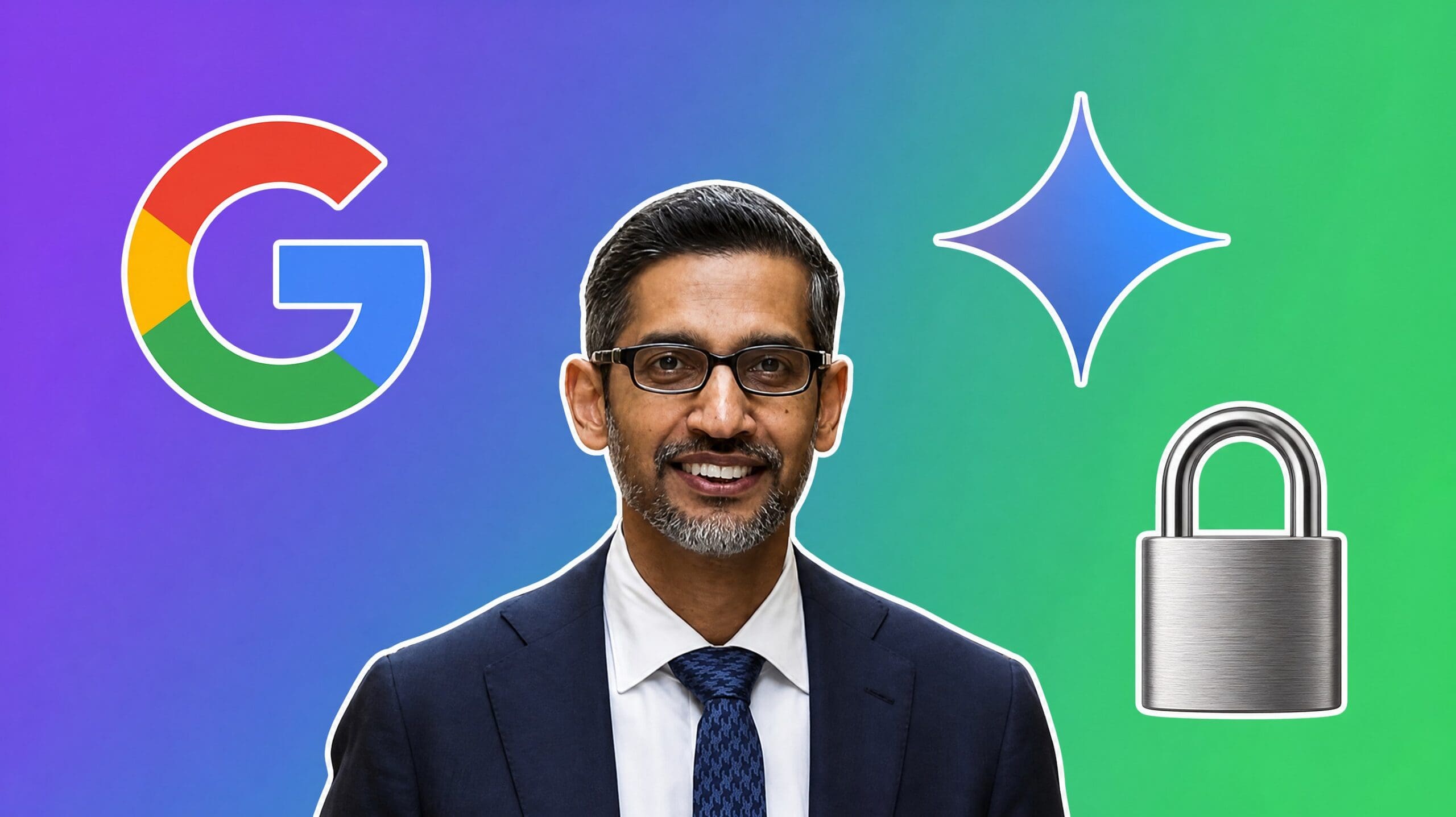 Sundar Pichai with the Google and Gemini logos and a padlock over a purple-to-green gradient, AI Insider Week 40 Gemini Argon cover