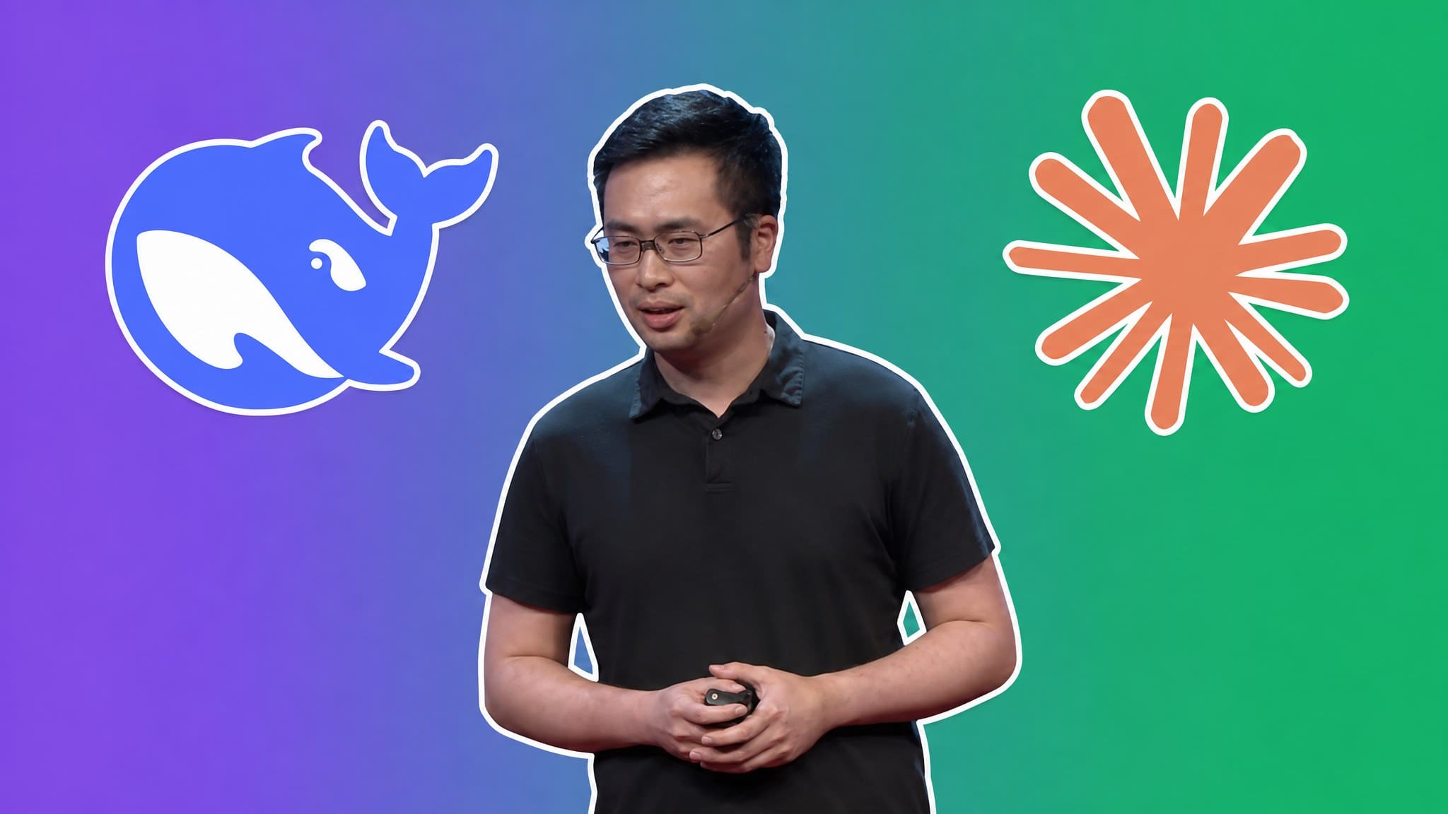 Liang Wenfeng with the DeepSeek whale and Anthropic Claude logos over a purple-to-green gradient, AI Insider Week 40 DeepSeek cover