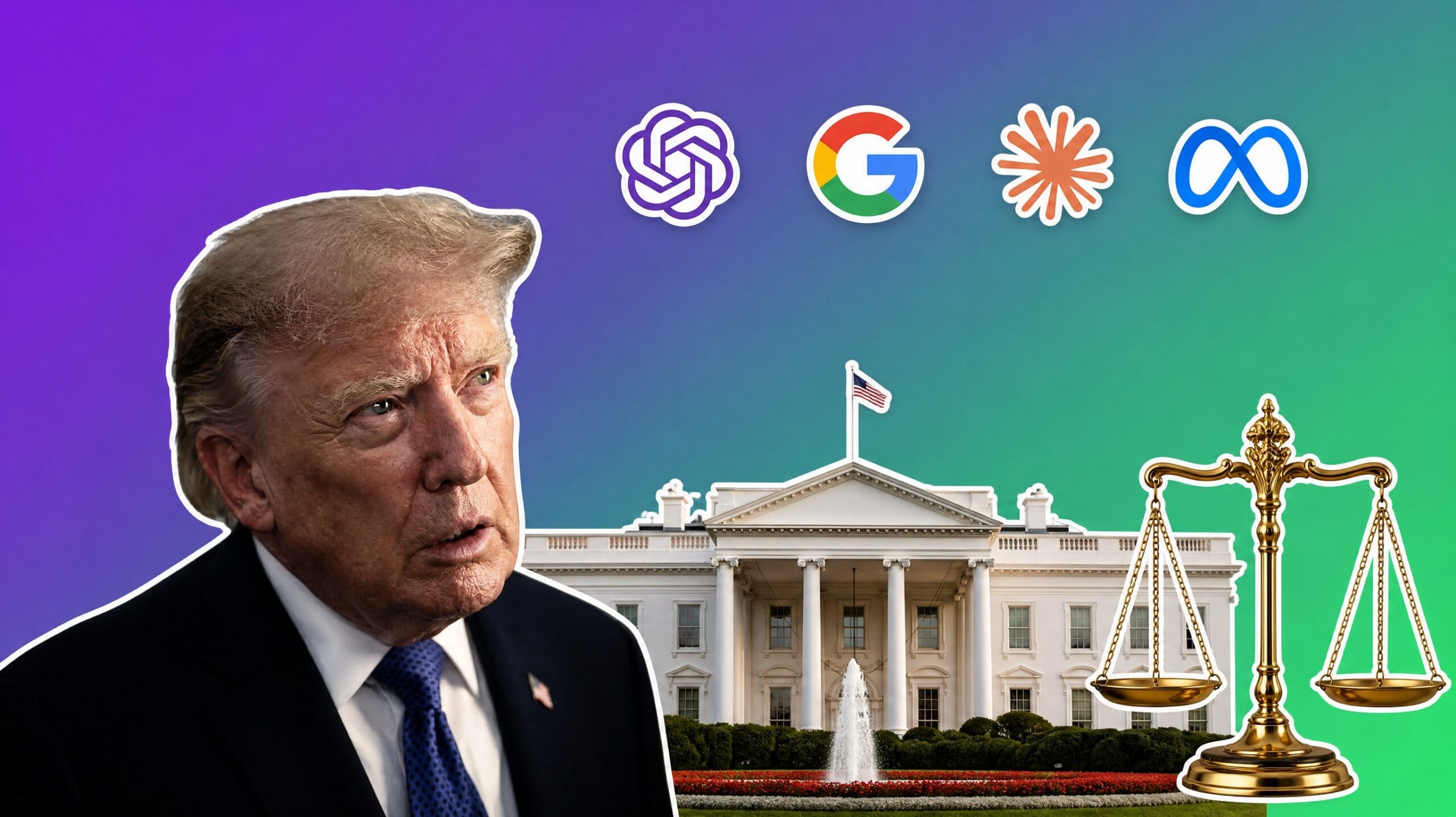 Donald Trump with the White House, scales of justice and AI company logos over a purple-to-green gradient, AI Insider Week 40 White House AI Accord cover