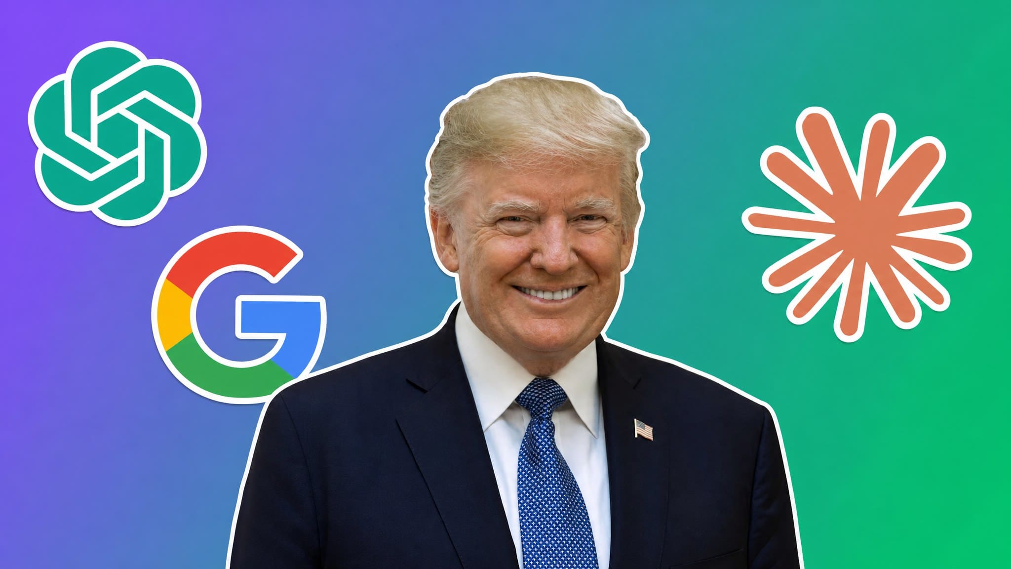 Donald Trump with the OpenAI, Google and Anthropic Claude logos over a purple-to-green gradient, AI Insider Week 40 cover