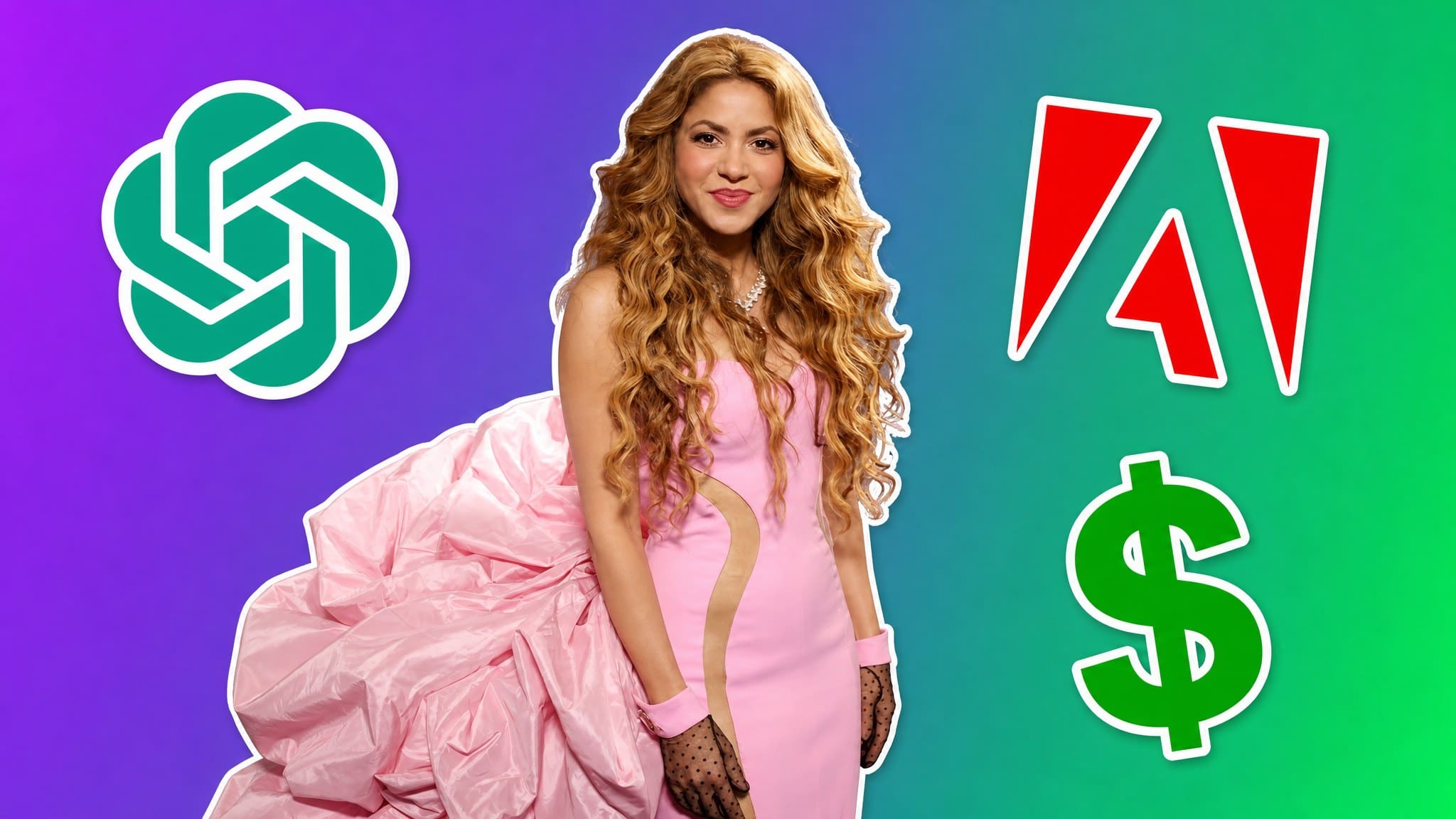 Shakira with the OpenAI and Adobe logos and a dollar sign over a purple-to-green gradient, AI Insider Week 41 cover